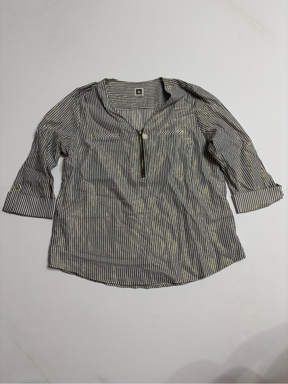 Anne Klein Black and White Striped quarter zip Casual Shirt SZ L office wear